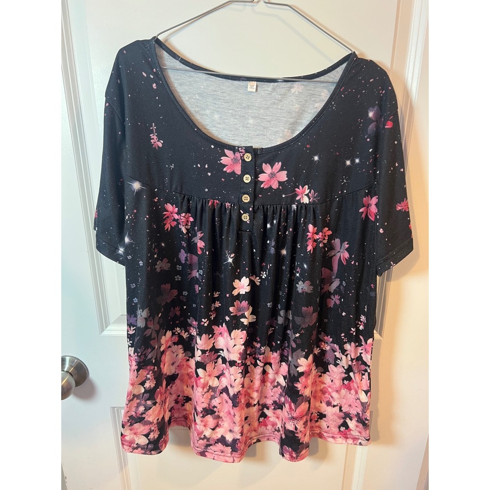 Unbranded Women Top Floral Cherry Blossom Black 3XL